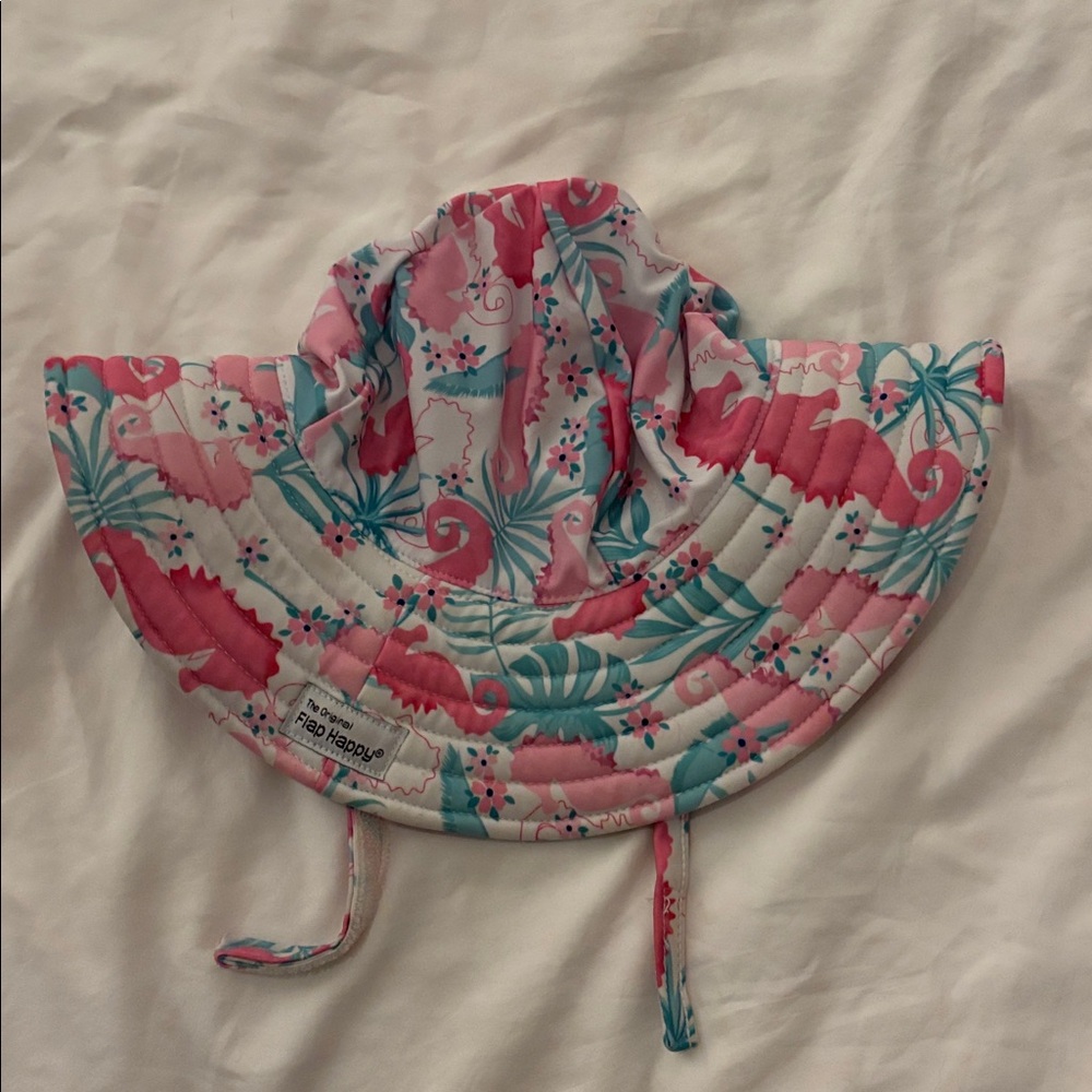 Flap Happy Floral and Seahorse Baby Sun Hat - Pink and green